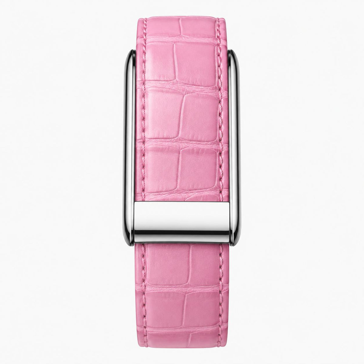 Pink Alligator strap with polished stainless steel clasp, view 1